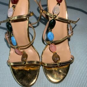Gold Strappy Sandals with Multicolor Accents